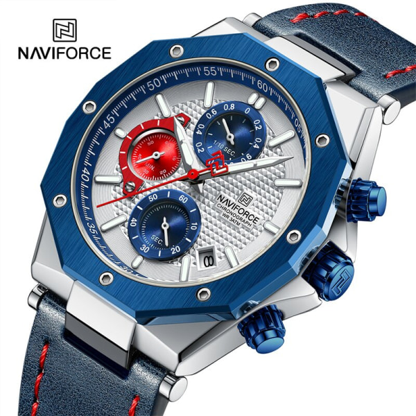 NAVIFORCE Fashion Quartz Klockor för män Läderarmband Sport Chronograph Watch Auto Date Vattentät Lysande Manklockor RGBEO