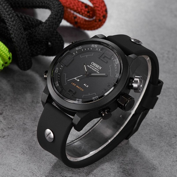 OHSEN Fashion Outdoor Sport Watch Herr Multifunktion 5 Bar Vattentät Svart Militär Digital Armbandsur Klocka Relogio Masculino Black Watch