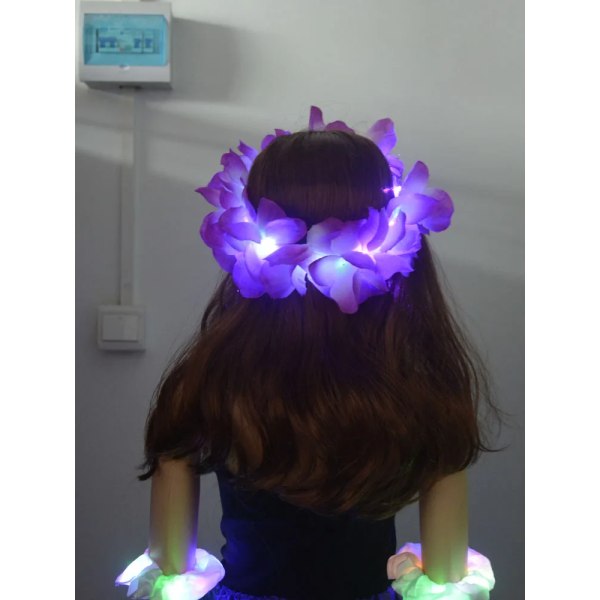 Light Up Glow LED Hawaii Hula Luau Flower Leis Garland halsband Krans lysande purple set