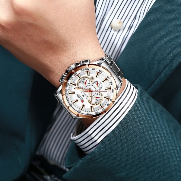 Herr Ny Casual Sport Chronograph Watch Armbandsur i rostfritt stål med stor urtavla kvartsklocka med lysande pekare rose black box