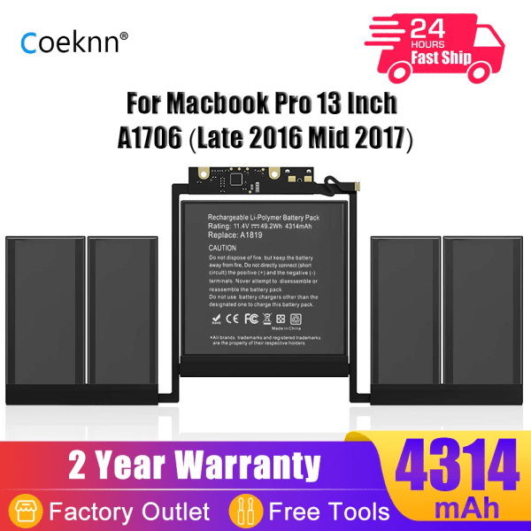 Laptop batteri Coeknn 11.4V A1819 för Apple MacBook Pro 13'' Touch Bar A1706 (sent 2016 mitten av 2017) EMC 3071 EMC 3163 MLH12LL/A 4314mAh