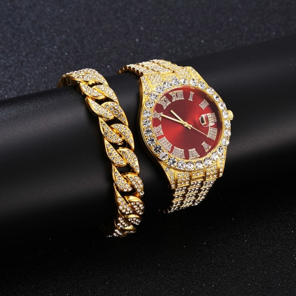 Iced Out Watch Herr Lyx Märke Full Diamond Herrklockor AAA CZ Quartz Watch Vattentät Hip Hop Man Klocka Present För Herr Gold Red Set