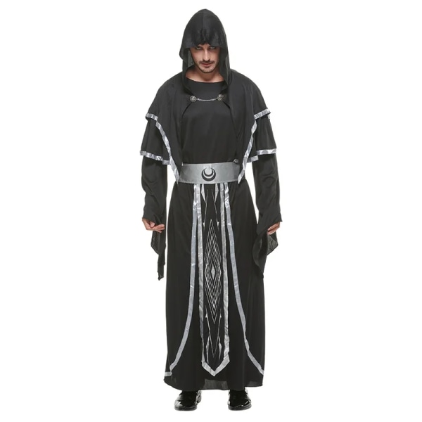 Mystisk mörk trollkarl Medeltida Warlock Halloween kostym Vuxna män encanto Trollkarl Hooded Klänning Cosplay Carnival Easter Purim Black M