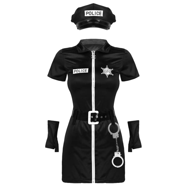 Sexig polisdräkt för kvinnor Halloween Cosplay Bodycon Klänning med polishatt Bältemärke Manschetter Rollspel Uniform Party Dress Up Black M