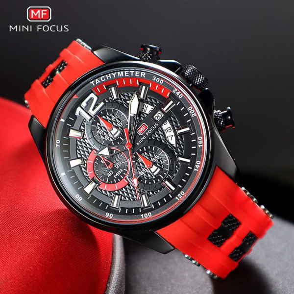 MINI FOCUS Röd watch för män Mode Lyx Chronograph Quartz Armbandsur med silikonband Lysande visare Datum Vattentät 0350 0350Rose black