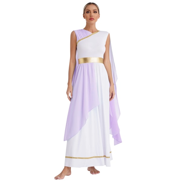 Kvinnors Halloween grekiska Beaty Cosplay Kostymer Chiffong Cap Ärm Guldkanter Ancient Toga Grekland Roman Queen Dress Up Klänning Lavender M