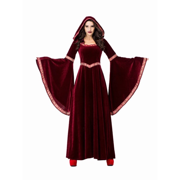 Medeltida retro gotisk huvtröja Häxa lång kjol Lyxig festklänning för kvinnor Cosplay Vampyr Halloween Vuxen kostym Red S