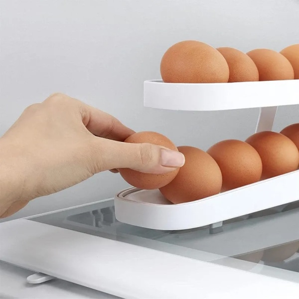 Rolling Egg Dispenser Kylskåp Organizers Behållare Förvaringslåda Automatisk glidande spiral ägghållare Hemkök Prylar White