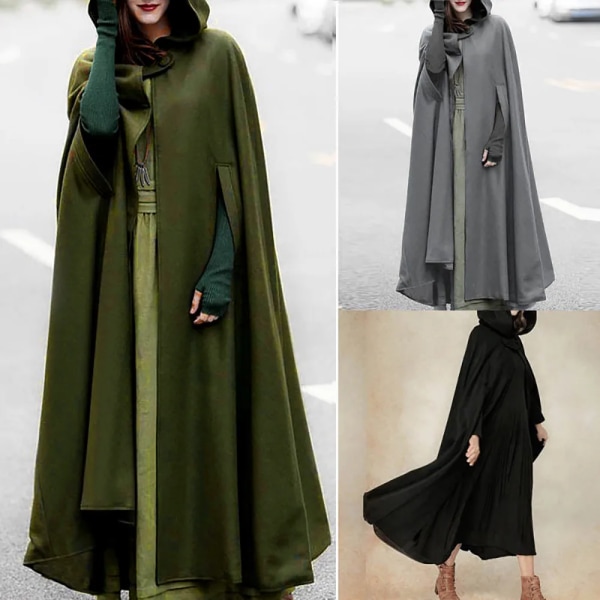 ZANZEA Dam Poncho Vinter Huva Öppen Front Kappa Lös Solid Lång Kappa Huvtröjor Cosplay Ytterkläder Jul Casual Cape black XL