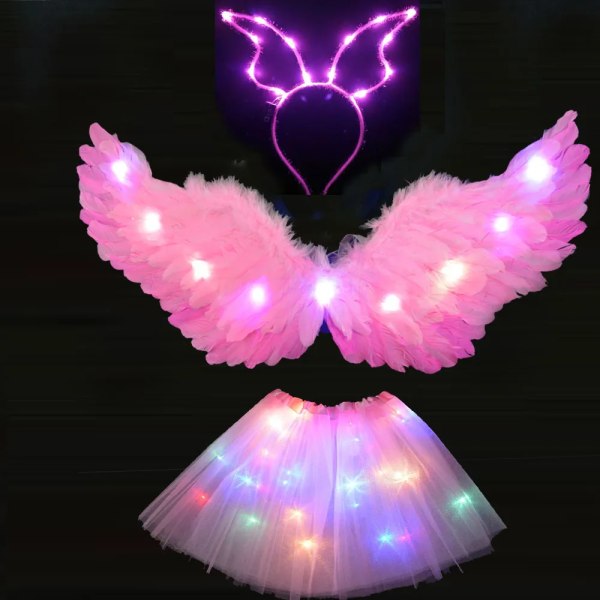 Kvinnor Girl Angel Light Up Tutu-kjol Pannband Glow Feather Wing Cosplay Födelsedag-rosa set pink set M