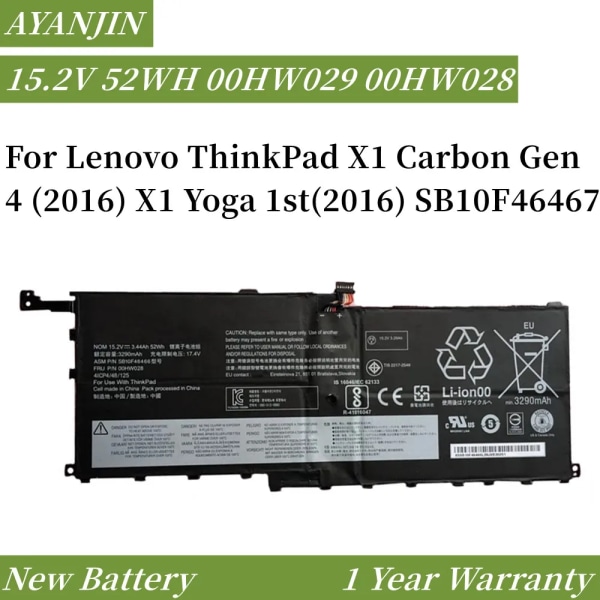 Laptopbatteri 00HW029 00HW028 01AV439 15,2V 52WH För Lenovo ThinkPad X1 Carbon Gen 4 (2016) X1 Yoga 1st(2016) SB10F46467