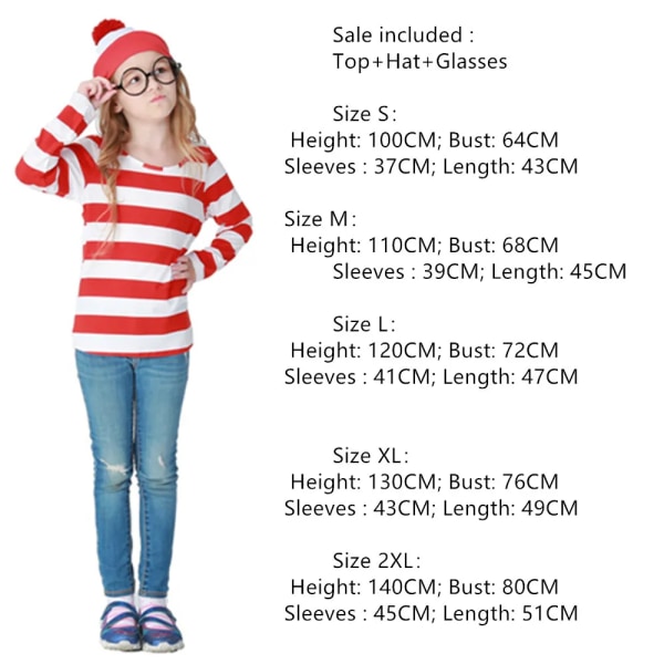 S-XXL Förälder-barn Tecknad Var är Wally Waldo Kostym Waldo Book Week Cosplay Outfit Rand Skjorta Hatt Glasögon Kit Kids XL