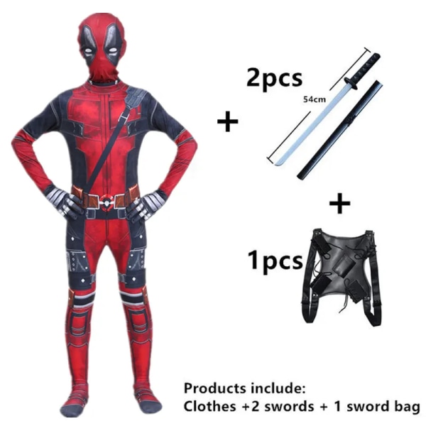 Deadpool Kostym Superhjälte Cosplay Kostymer Superhjälte Barn Bodysuit 3D stil Halloween Cosplay Kostymer Svärdpåse 3 140CM