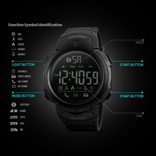 SKMEI 1301 Bluetooth Men Smart Watch Funktioner Sportklockor Påminnelse Digitala armbandsur Kalorier Stegräknare Män Klocka Relogios Black