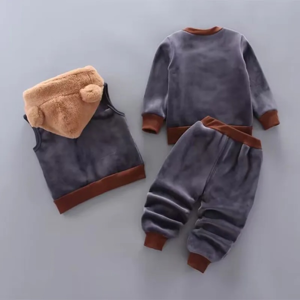 Höst Vinter Barn Kläder Set Baby Flickor Tecknad Tjock Fleece Luvtröjor Väst Byxor 3st Sportdräkter Pojke Casual Varma Outfits Gray 18-24M