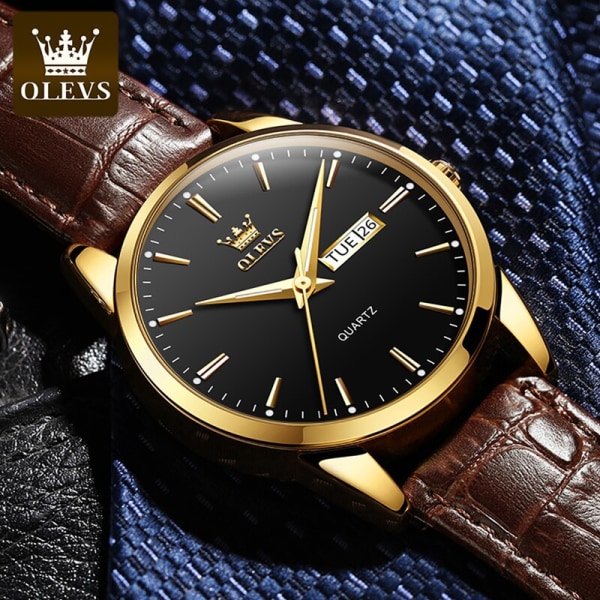OLEVS watch för män Top Märke Lyx Herr Quartz Armbandsur Andas Läderrem Vattentät Business Casual Watch Brown blue