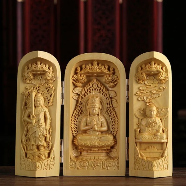 Trä tusenhands Bodhisattva-staty Kwan-yin öppen låda Avalokitesvara Liten Buddha Shrine Buddhism Figur