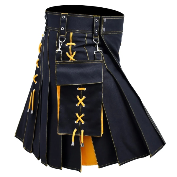 Herr Kilt Utility Scottish Traditional Highland Solid plisserade spännband Kostym Kilts med lastfickor Yellow XXL