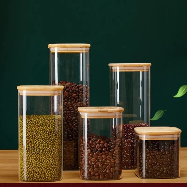 Fyrkantiga glasburkar med bambulock för kaffebönor Spannmål Nudlar mat Förvaringsbehållare Köksarrangörer Förvaring 2000ml