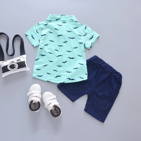 Sommar Ny söt pojkkostym Printed printed skjorta + shorts Kostym Barnbomull Söta baby SKY BLUE 9M