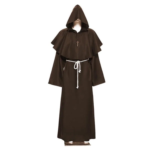 Medeltida munkkyrka Prästdräkt Cosplay-prästklänning med huva för män, kappa Cape Minister Kappa Halloween-outfit för vuxen Coffee 3XL