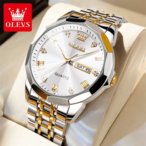 OLEVS 9931 watch för män Solid rostfri stålarm Rhombus Design Fashion Business Armbandsur för män Vattentäta klockor Gold White-GDJB