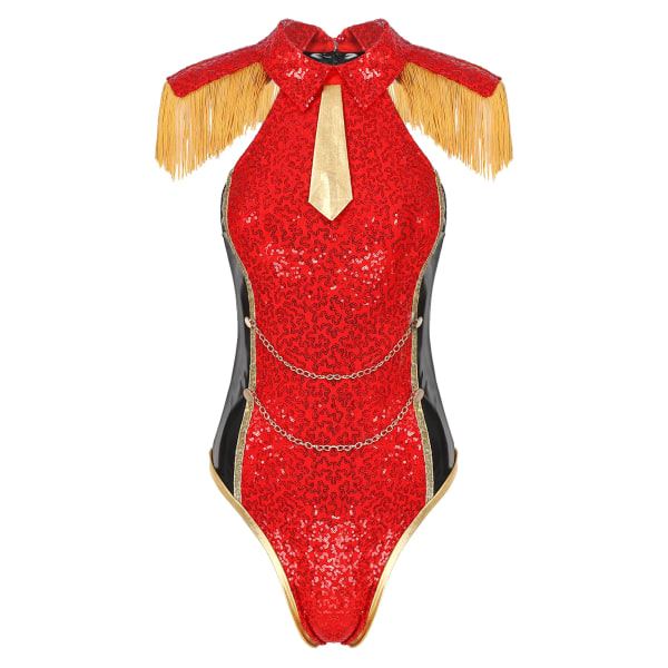 Sexig cirkusdräkt för kvinnor, tofs paljetter Temafest Ringmaster Bodysuit Jumpsuit Balett Gymnastik jazz Leotard A-Red Black XL