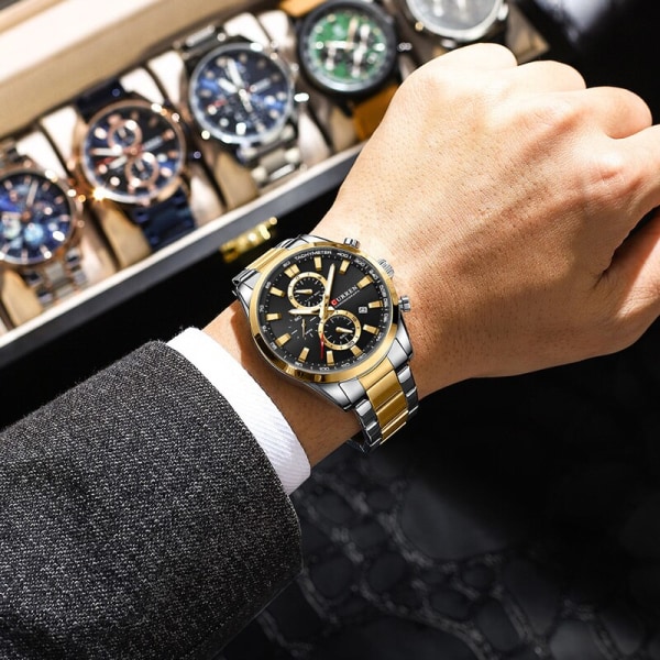 Casual Sportigt märke Armbandsur i rostfritt stål för män Nya Chronograph Quartz-klockor med datum 8445 gold black