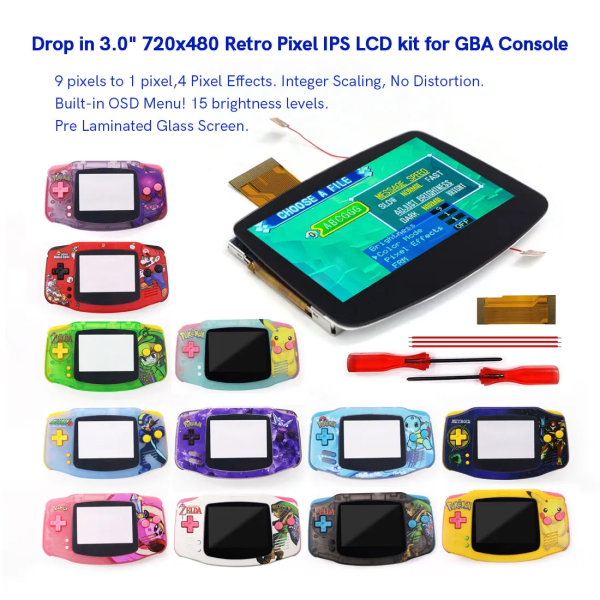 Drop in V5 GBA IPS förlaminerade skärmsatser med UV-husskal för GBA Bakgrundsbelysning LCD för GameBoy Advance GBA Clear Black