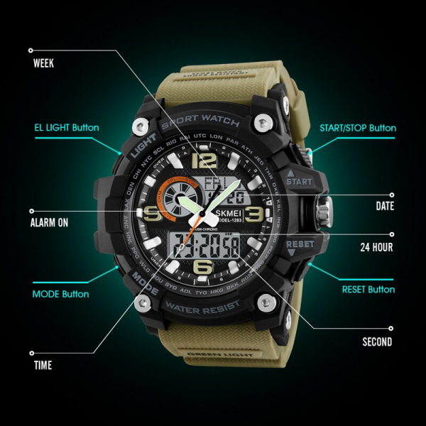 SKMEI 1283 Quartz Digital Watch Herr Militär Vattentät Sport Herrklockor Lyxmärke Reloj two Time Electronic Armbandsur 1283 khaki