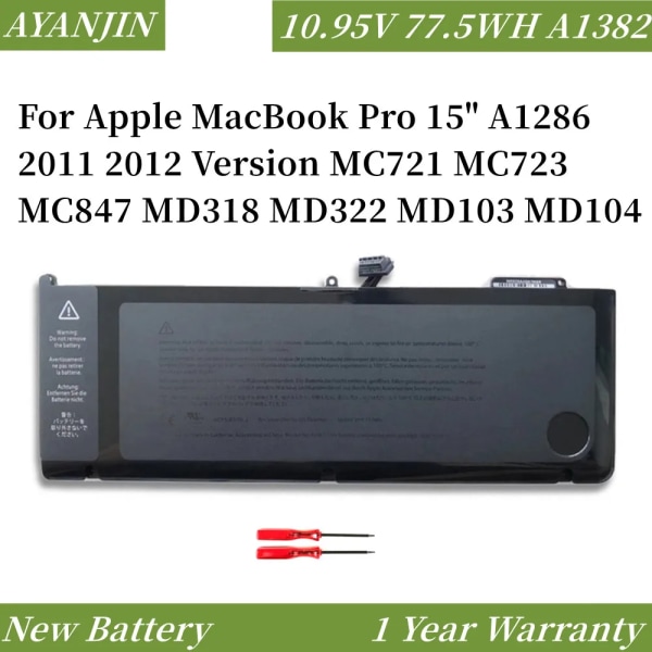 Laptopbatteri 10,95V 77,5WH A1382 för Apple MacBook Pro 15" A1286 2011 2012 Version MC721 MC723 MC847 MD318 MD322 MD103 MD104