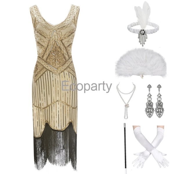 1920-tals Gatsby-klänning 20-talet Flapper Girl Fancy Retro Ärmlösa paljetter Broderade tofsar Festklänning med fläkthalsband Tillbehör beige Black XXL