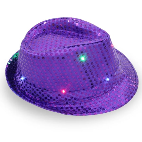 Kvinna Män Barn LED Blinkande paljett Jazz Hat Cap Light Up Fluga Bär rekvisita-lila hatt purple hat Adults