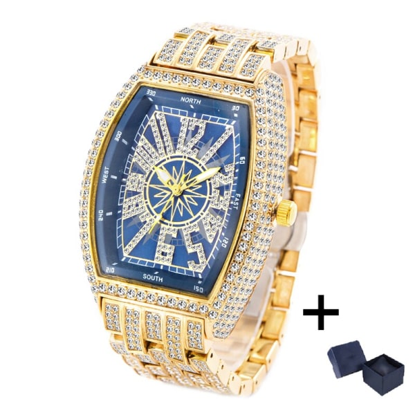 2022 MISSFOX Lyx Herrklockor Mode Hip Hop Iced Diamond Vattentät Tonneau AAA Quartz Armbandsur Man Reloj V319A-Blue-G