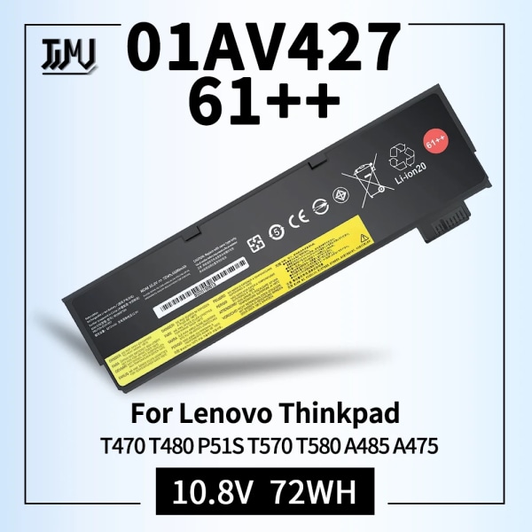 Laptopbatteri 01AV427 01AV423 61++ Kompatibel för Lenovo Thinkpad T470 T480 P51S T570 T580 A485 A475-serien 01AV425 01AV422 01AV492 01AV427 10.8V 72Wh