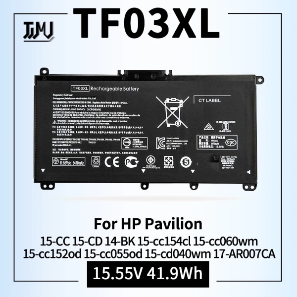 Laptopbatteri 920070-855 TF03XL för HP Pavilion X360 14m-cd0001dx 14m-cd0003dx 15-cc0xx 15-cc1xx 15-cc023cl 15-cc563st 15-cd040wm TF03XL 15.55V 41.9Wh
