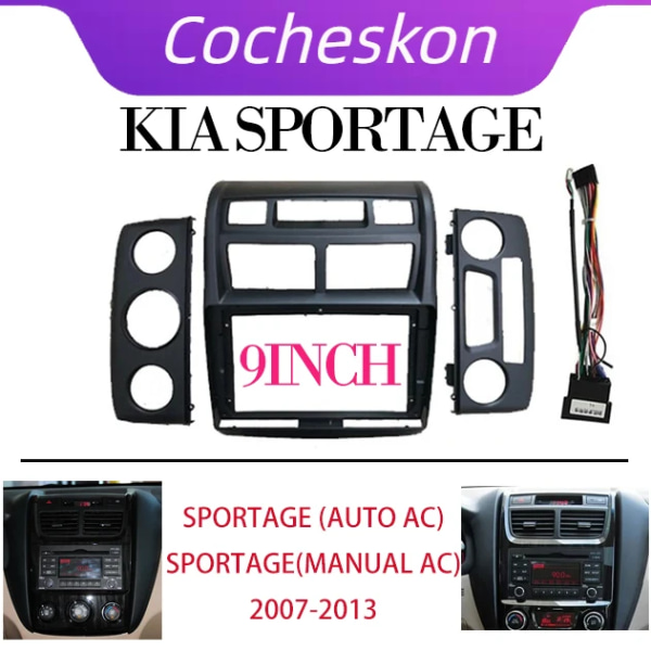 Biltillbehör 2 Din 9 tum Radio Fascia DVD GPS MP5 Panelram för Kia Sportage 2007+ Instrumentbrädesmonteringskit MT Frame