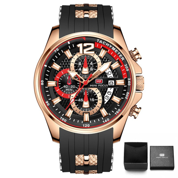 MINI FOCUS Röd watch för män Mode Lyx Chronograph Quartz Armbandsur med silikonband Lysande visare Datum Vattentät 0350 0350Rose black-Box