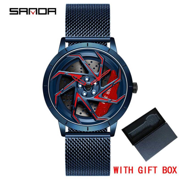 Mode Hot Sell Bilfälg Herr Klockor Rostfritt stål Vattentät watch 360 graders roterande hjul Fälgskiva Quartz Armbandsur Mesh blue red box