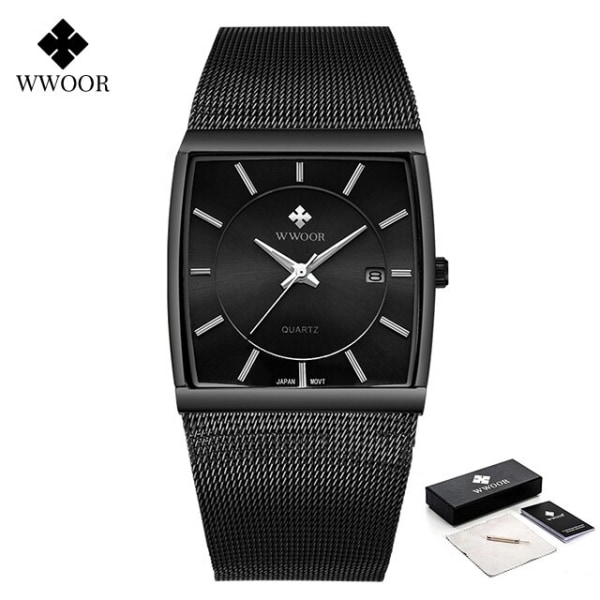 Lyx watch män fyrkantig Japan kvarts smalt mesh Vattentät Sport Automatisk Date Armbandsur Relogio Masculino black black box