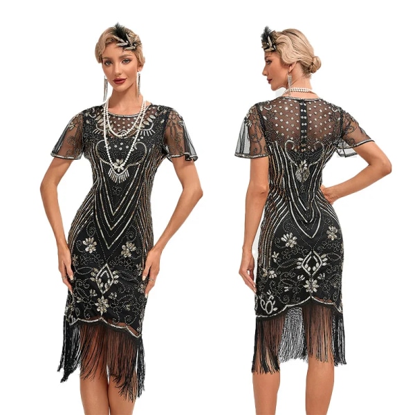 Ny 1920-tals vintage paljettklänning för kvinnor pärlfransar kvällsfestklänning Great Gatsby Charleston klänningar Cocktailbollskostym black gold 2XL