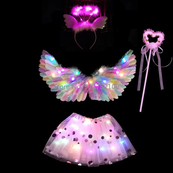 Angel Cosplay Light Tutu Kjol Hårband Glow Feather Wing Födelsedag LED Party Kostym-4st set 18 4pcs set 18 for 2-8years kids