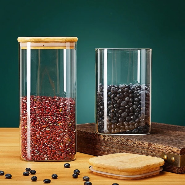 Fyrkantiga glasburkar med bambulock för kaffebönor Spannmål Nudlar mat Förvaringsbehållare Köksarrangörer Förvaring 800ml