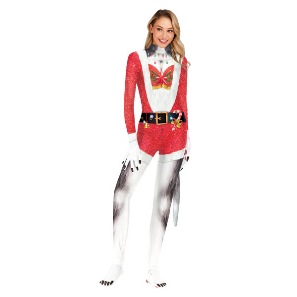 Jultomte Kvinnor/män Jumpsuit Cosplay Zentai Bodysuit Kvinnor 3D Printing Kläder Kostym Petsuit Djurdräkt med svans B273-1034 S