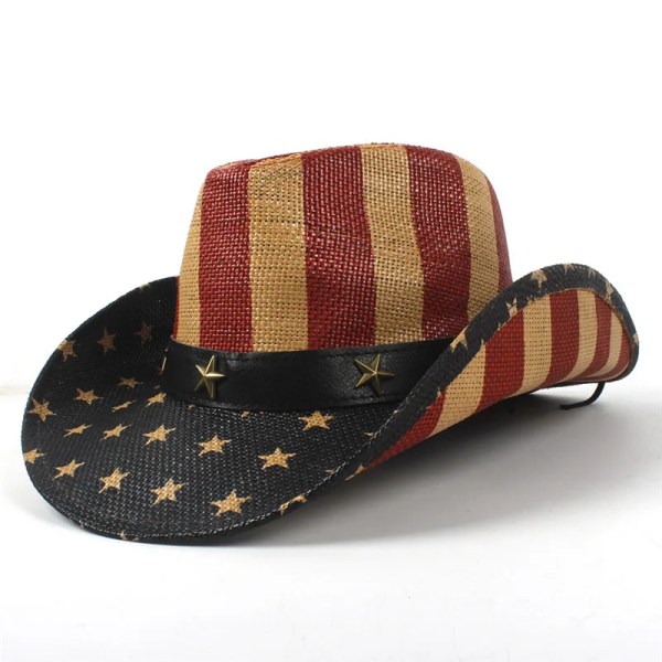 Sommar klassiska amerikanska flaggan cowboyhattar för män Bred brättad Usa Cowgirl Chapeau Homme Cap Usa Flag Straw Cowboy Hatt Type 4