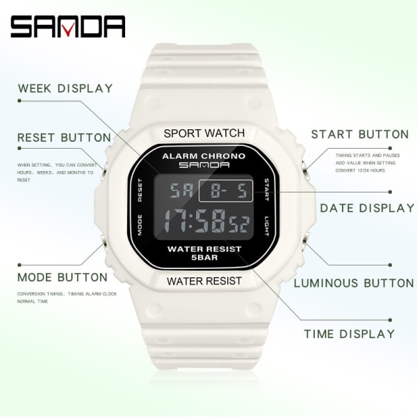SANDA Brand Digital Watch Lyx G Style Elektroniska Klockor Watch För Kvinnor Män Stoppur Countdown Armbandsur 293 white black