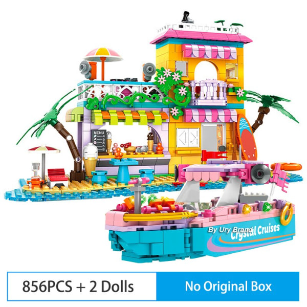 Vänner Modern Princess Beach Sunshine Paradise House Slottset Water Park Slide Dockor DIY Byggklossar Leksaker för flickor Present 856pcs no box