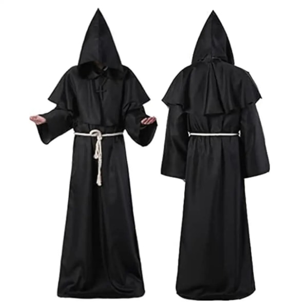 Medeltida munk dräkt med huva Präst dräkt outfit Medeltida mantel Tunika Halloween Cosplay för scen black M