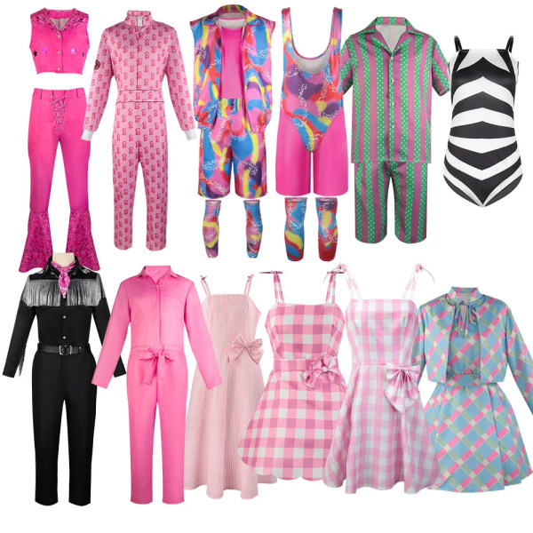 2023 Ny film Barbi Cosplay Kostym För Kvinnor Margot Robbie Rosa Klänning Flickor Barn Män Ken Ryan Gosling Kläder Halloween Outfit Barbe Uniform Kids 110cm