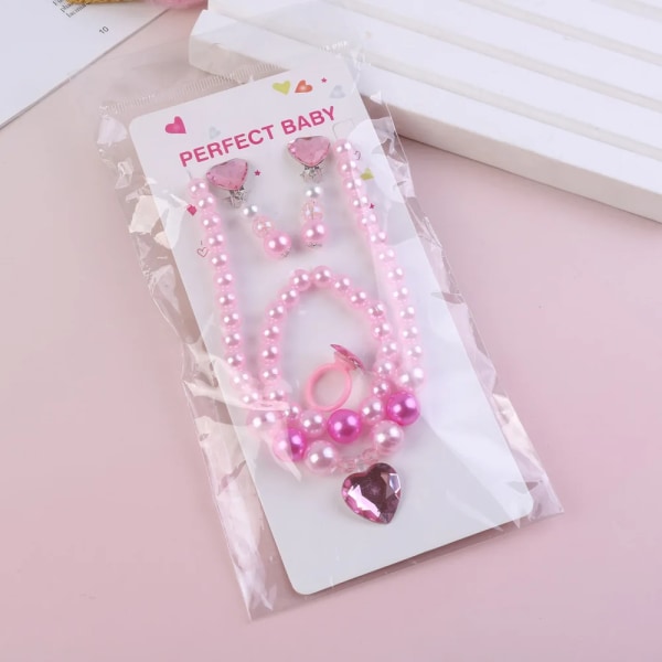 Barnhalsband Imitation Pearl Pink Beads Flower Halsband Ring örhänge armband För Barn Flickor Barn Smyckesset Pink Heart